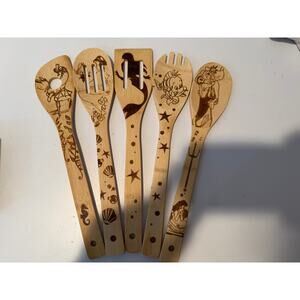 The Little Mermaid Ariel Disney Wooden Kitchen Utensils Spoons Wood Burned NWOT